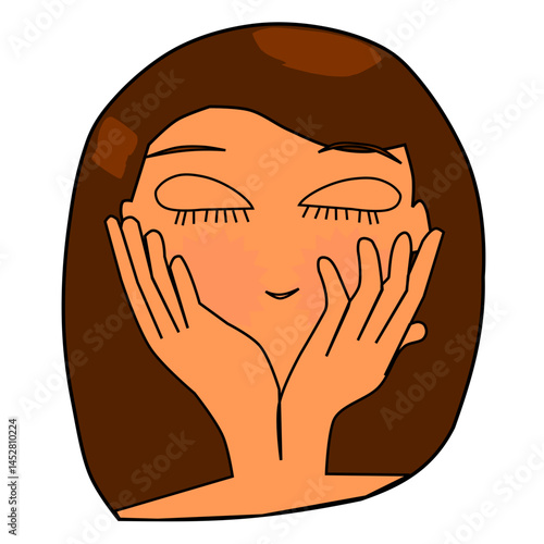 Mujer con manos en la cara y ojos cerrados. Mujer con manos en la cara con piel radiante y pelo castaño. Plano cabeza de mujer. Ilustración de dibujo a vector. 