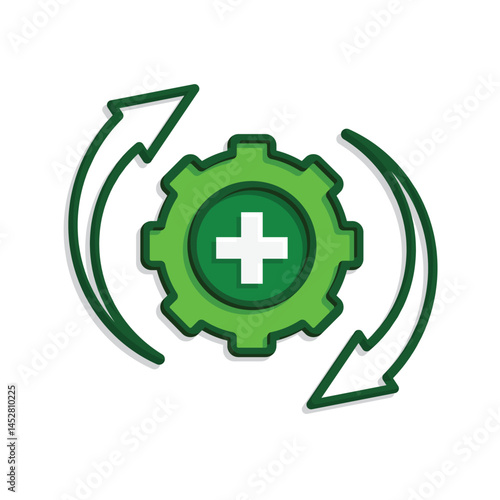 health icon. plus sign in gear with circular arrow. mental, medicine, pharmacy, hospital, drug, web. Mixed style design