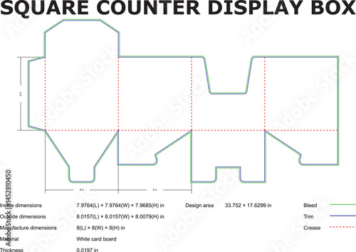 Square Counter Display Box Layout Template With Dimensions For Packaging Design