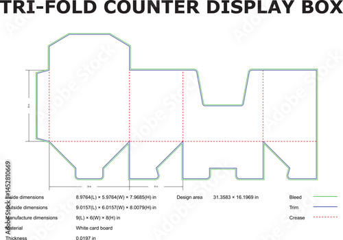 Tri Fold Counter Display Box Die Cut Template With Dimensions And Folding Lines