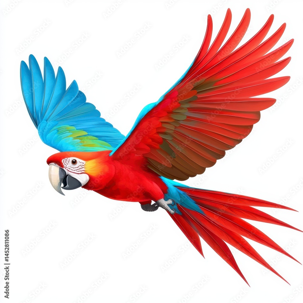 Obraz premium Red And Blue Macaw In Flight Against White Background