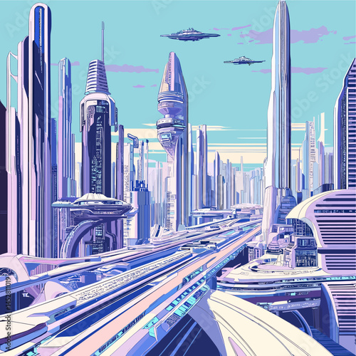 Futuristic vector illustration of a future city with innovative architecture, green technology, flying objects, skyscrapers and smart city infrastructure.