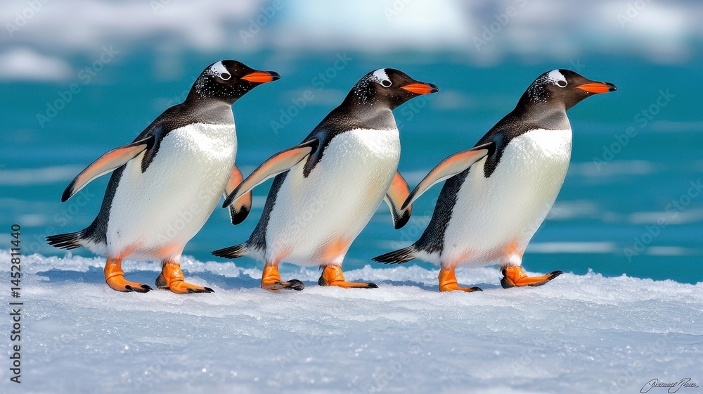 Obraz premium Three Gentoo Penguins Walking on Snowy Ice near Ocean