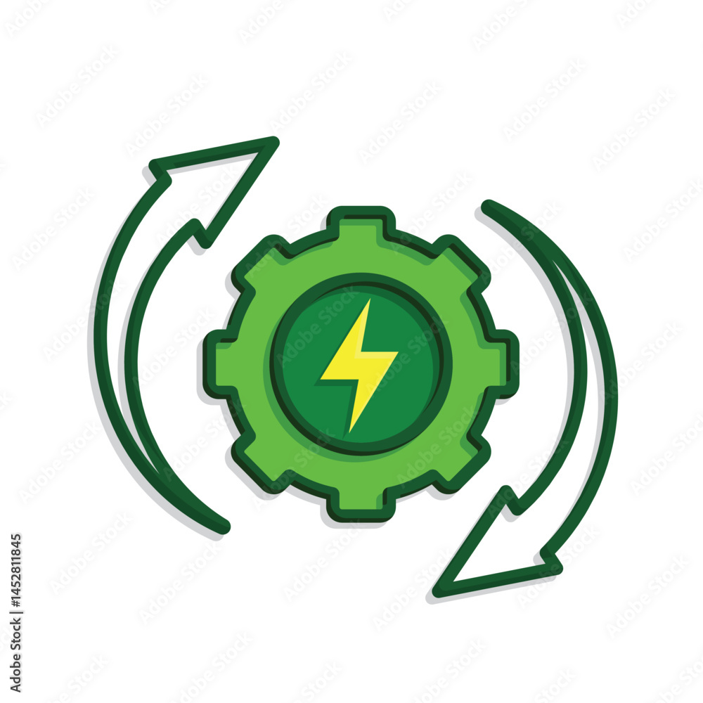 sustainable icon. green energy vector. electricity symbol with gear and circular arrow. reuse, recycle, zero emission, web. Mixed style design sustainable icon. green energy vector. electricity symbol with gear and circular arrow. reuse, recycle, zero emission, web. Mixed style design