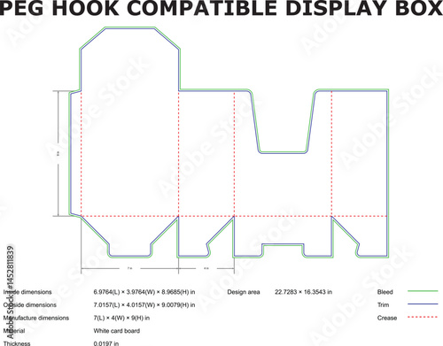 Peg Hook Compatible Display Box Die Cut Template With Dimensions In Inches