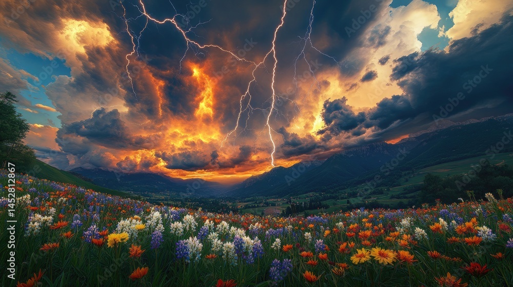 Massive storm clouds hovering above clusters of wildflowers in a quiet valley
