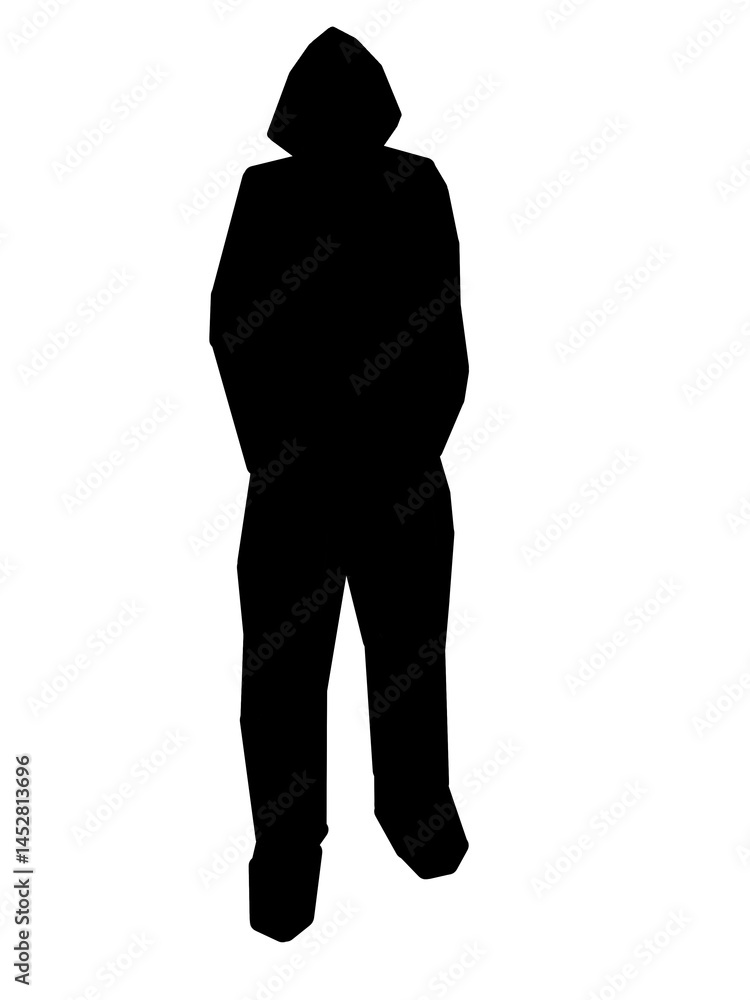 Obraz premium A minimalist black silhouette of a hooded man standing with hands in pockets, set against a stark white background. The image evokes themes of mystery, anonymity, solitude, and identity.