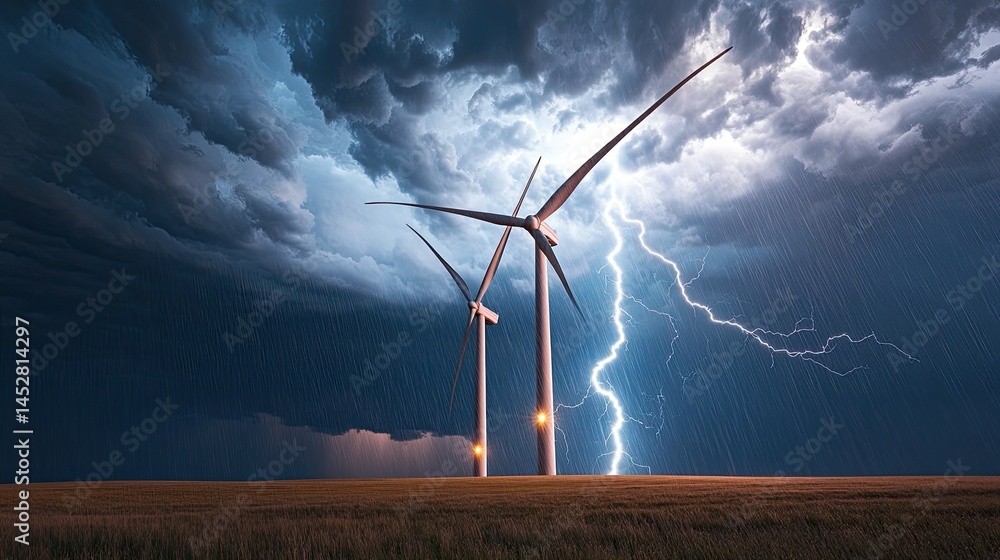 Tall wind turbines standing in an open field under dark storm clouds