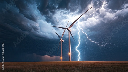 Obraz na płótnie Tall wind turbines standing in an open field under dark storm clouds w salonie