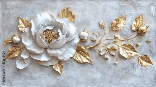 Elegant Gold  White 3D Floral Wall Art.