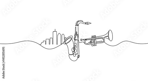 Musical instruments saxophone and trumpet outline against cityscape  