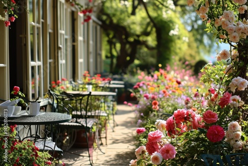 An elegant indoor tea parlor with soft pink walls and golden trim, surrounded by potted hydrangeas and camellias, a delicate lace table runner under an ornate tea set.