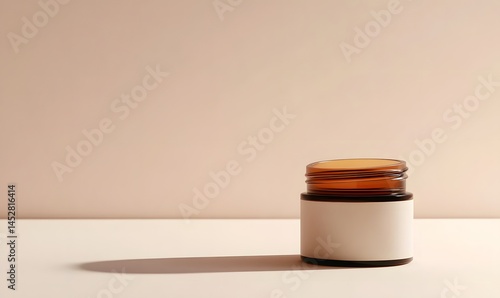 Minimalist Jar and Shadow: A studio shot of an amber glass jar, casting a subtle shadow against a smooth, warm background. Clean lines and subtle textures create a sense of calm.