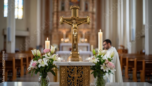 A beautiful shot captures a golden crucifix on an altar with flowers and candles in a church.