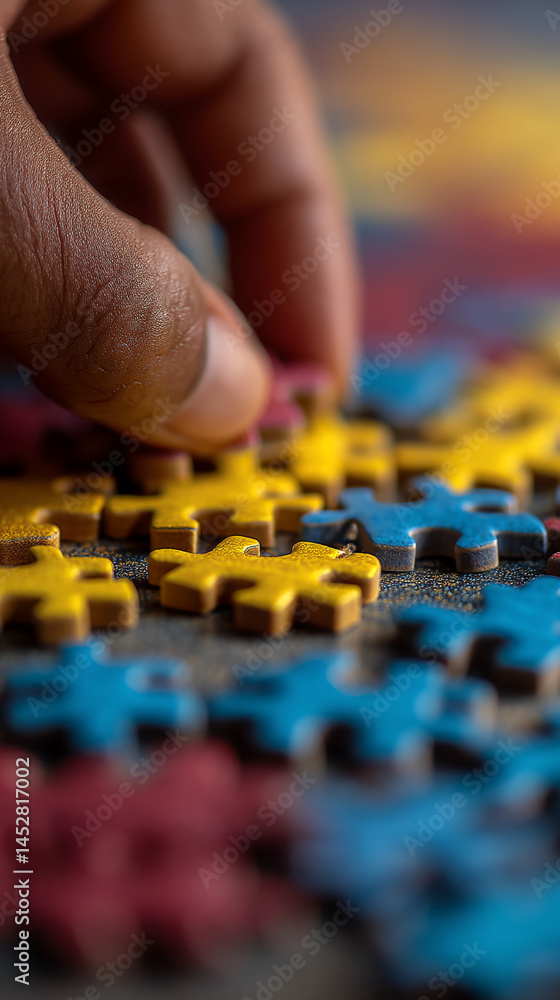Close-up of hand placing puzzle piece, yellow, blue, and red pieces visible, showcasing problem-solving, focus, and detail Close-up of hand placing puzzle piece, yellow, blue, and red pieces visible, showcasing problem-solving, focus, and detail