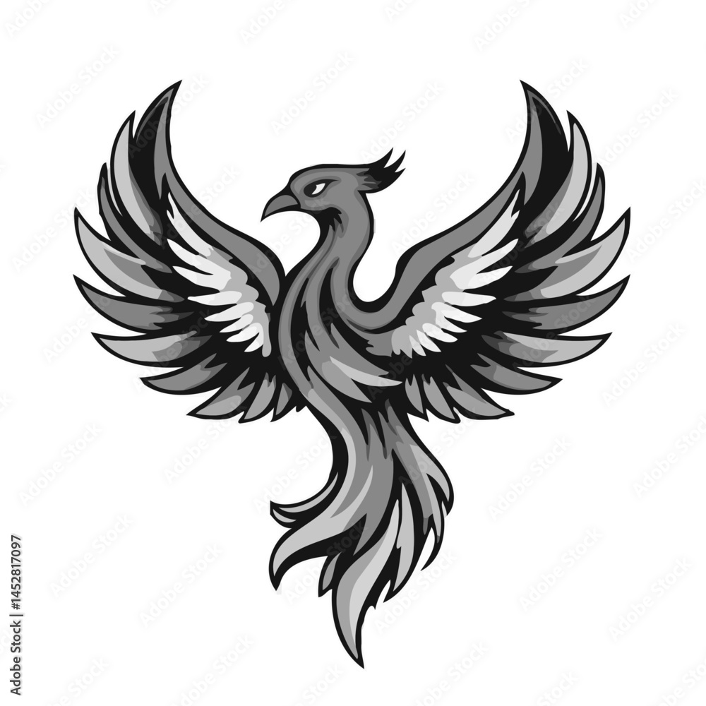 Obraz premium Iconical Contoured Grayscale Phoenix Illustration