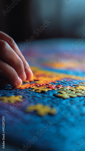 Close-up of hand placing puzzle piece, colorful jigsaw puzzle, blue, yellow, orange, red pieces, representing focus, patience, problem-solving