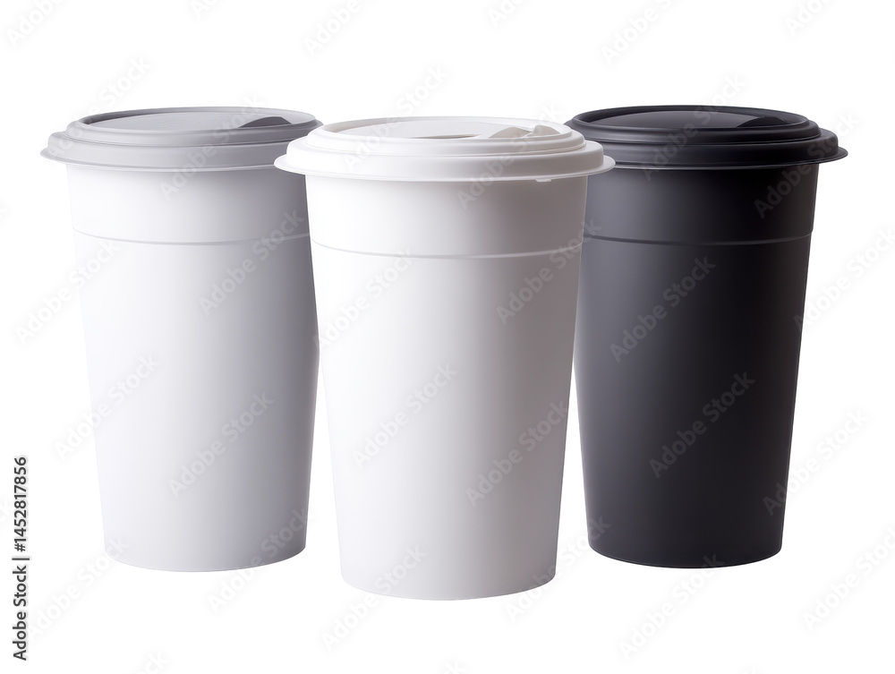 Set of Three Modern Disposable Cups in White and Black Colors for Beverages on Transparent Background Set of Three Modern Disposable Cups in White and Black Colors for Beverages on Transparent Background