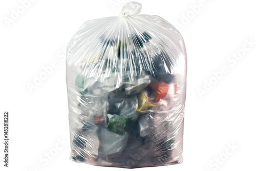 Set Of Transparent Plastic Garbage Bags Filled With Mixed Waste Ready For Collection In An Urban Environment