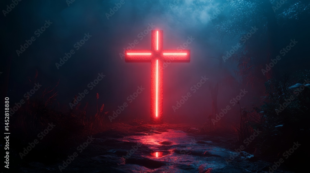 Christian Cross glowing by red neon sign Christian Cross glowing by red neon sign