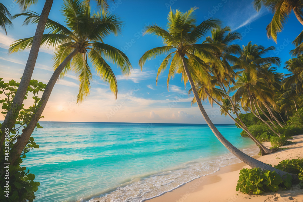 Fototapeta premium Paradise beach scene with palm trees turquoise ocean and clear blue sky