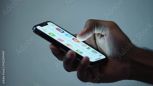 Close up male finger scroll smartphone screen social networks at night. Male hand scroll mobile screen app on smartphone surf internet web pages, social media, timelapse