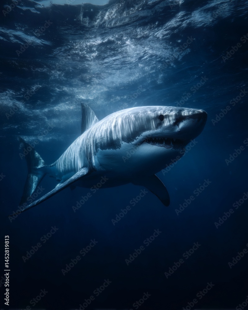 Fototapeta premium A magnificent shark gracefully gliding through the deep, dark ocean waters. The shark, a symbol of power and beauty, navigates its underwater realm