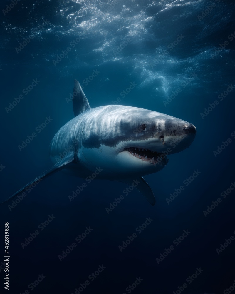 Naklejka premium Great white shark underwater, ocean predator, powerful, majestic