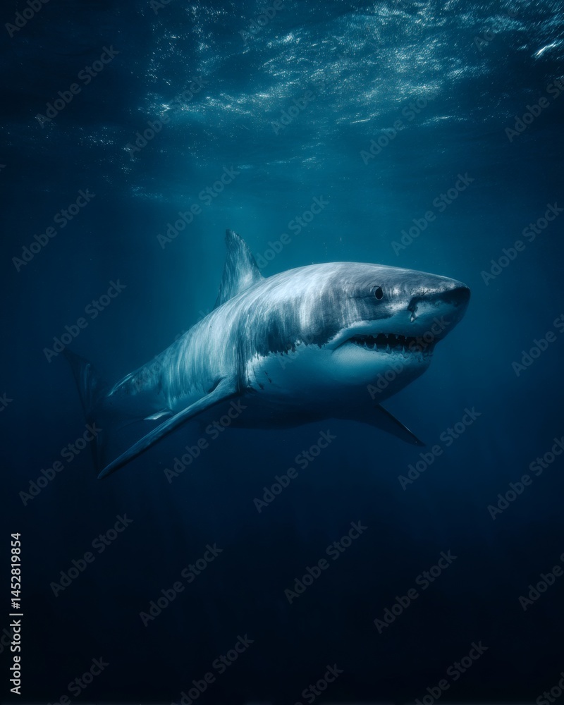 Fototapeta premium Great white shark underwater, powerful predator, ocean wildlife