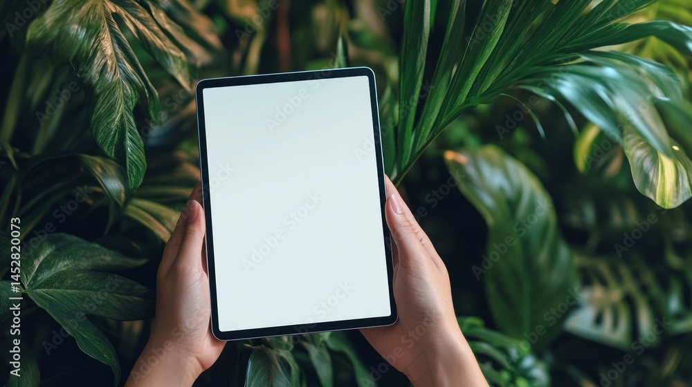 Serene Tablet Display Amidst Lush Greenery Serene Tablet Display Amidst Lush Greenery