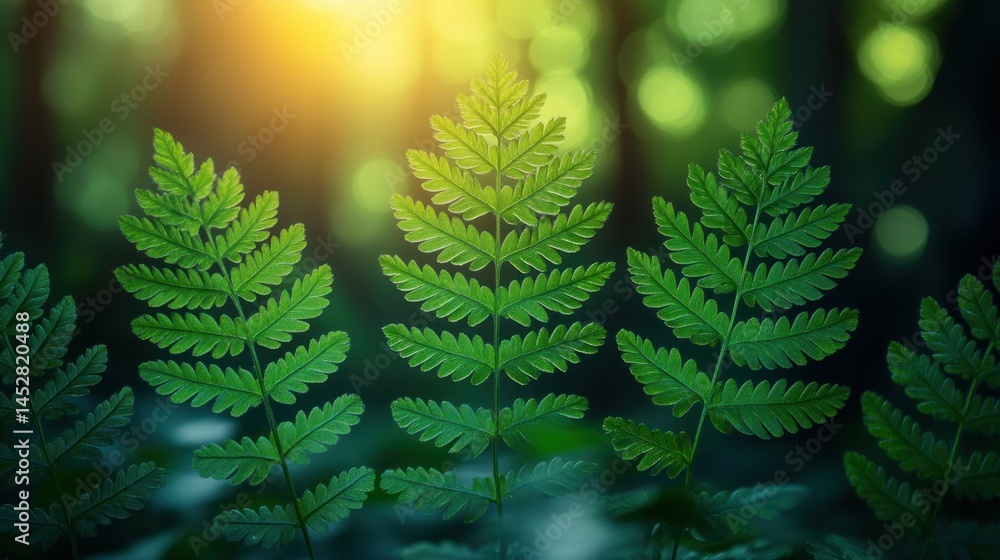 Lush ferns bathed in sunlight in a forest Lush ferns bathed in sunlight in a forest
