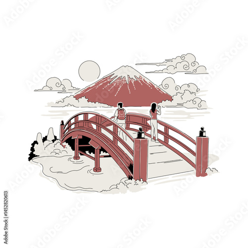 Couple strolling across a traditional Japanese bridge overlooking Mount Fuji.