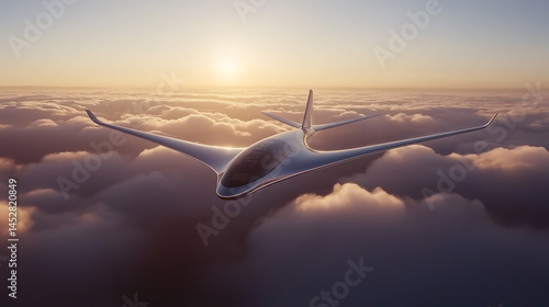 Futuristic airplane flying above clouds sunset travel aerospace design