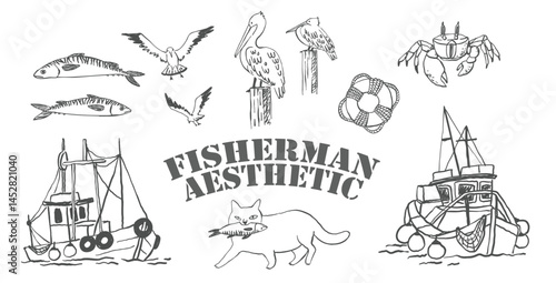 Fisherman Aesthetic Vector Set – Hand Drawn Nautical and Sea Life Illustrations