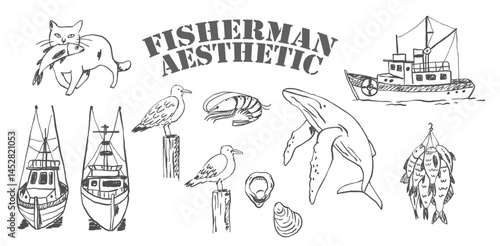 Fisherman Aesthetic Vector Set – Hand Drawn Nautical and Sea Life Illustrations