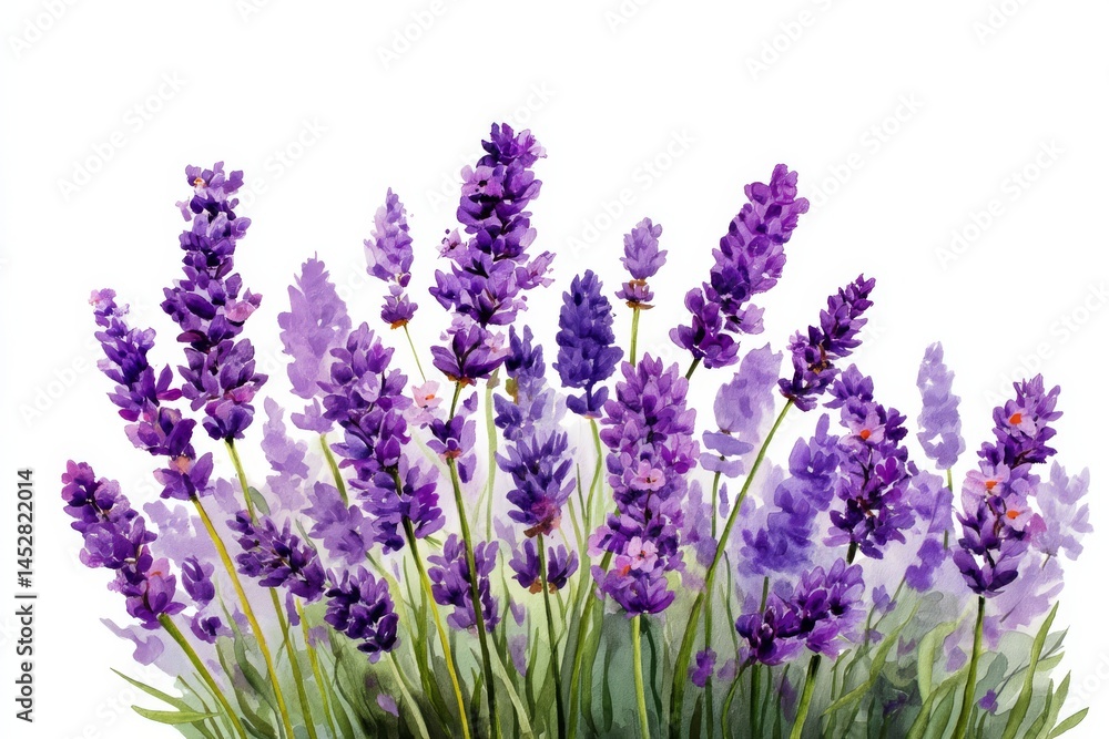 Naklejka premium Beautiful watercolor painting of lavender flowers, bursting with rich purple hues on a white backdrop.