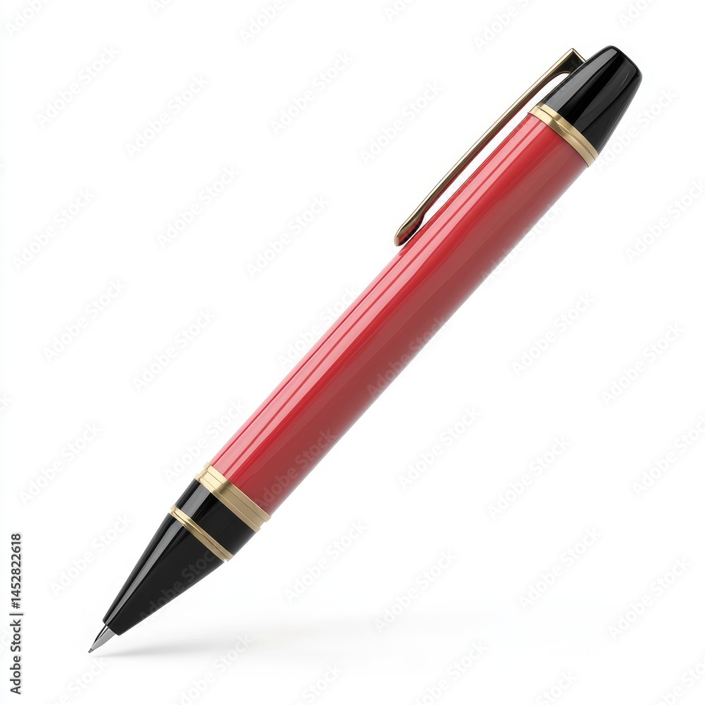 A sleek, crimson ballpoint pen stands angled on a white background. A sleek, crimson ballpoint pen stands angled on a white background.