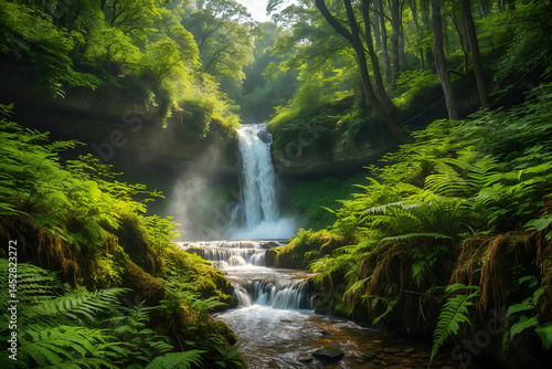 Serene waterfall flowing through lush green forest landscape in summer