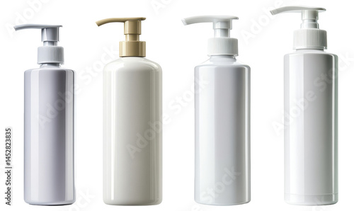 Set of Transparent Cosmetic Pump Bottles in Various Heights with Clean Design on White Background