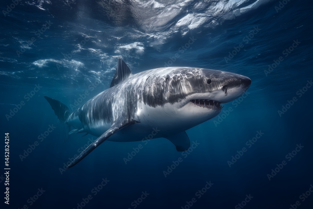 Fototapeta premium A close-up underwater shot of a majestic Great White Shark, showcasing its powerful form and menacing teeth. The shark swims gracefully through the deep blue ocean