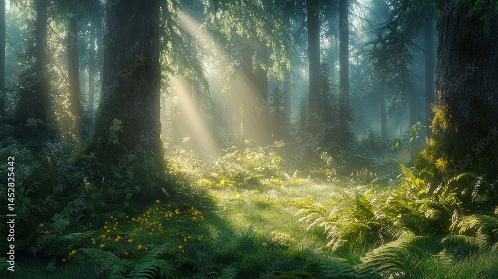 Obraz premium Sunlight piercing verdant forest magical glow