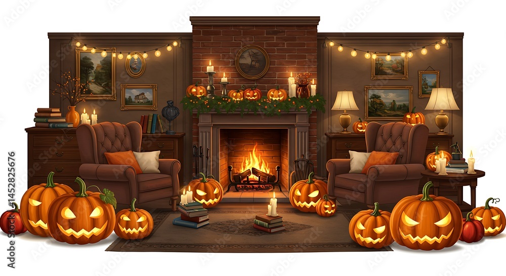 Fototapeta premium A cozy living room with Halloween decorations, space above the furniture for editing — white background 