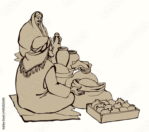 Ancient Jewish market. Vector drawing