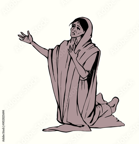 A starving woman asks for help. Vector drawing