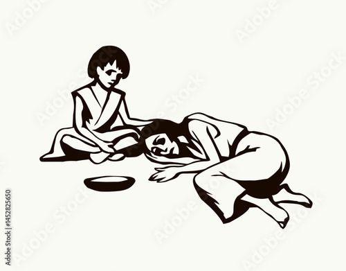 People suffering from hunger. Vector drawing