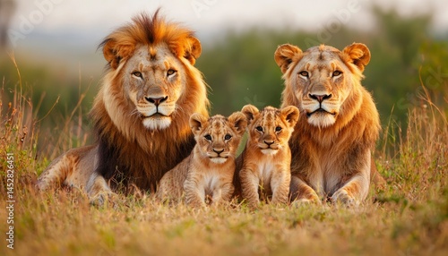 Lion family portrait two parents with their two cubs, resting in tall grasses, close-up