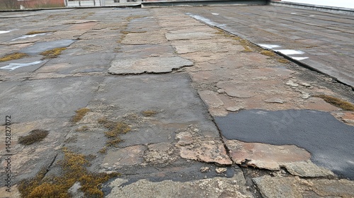 Old damaged roof tiles with patches and wear