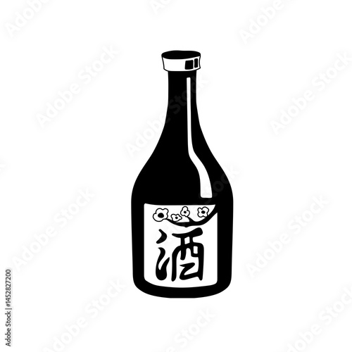 Simple Black and White Illustration of a Japanese Sake Bottle