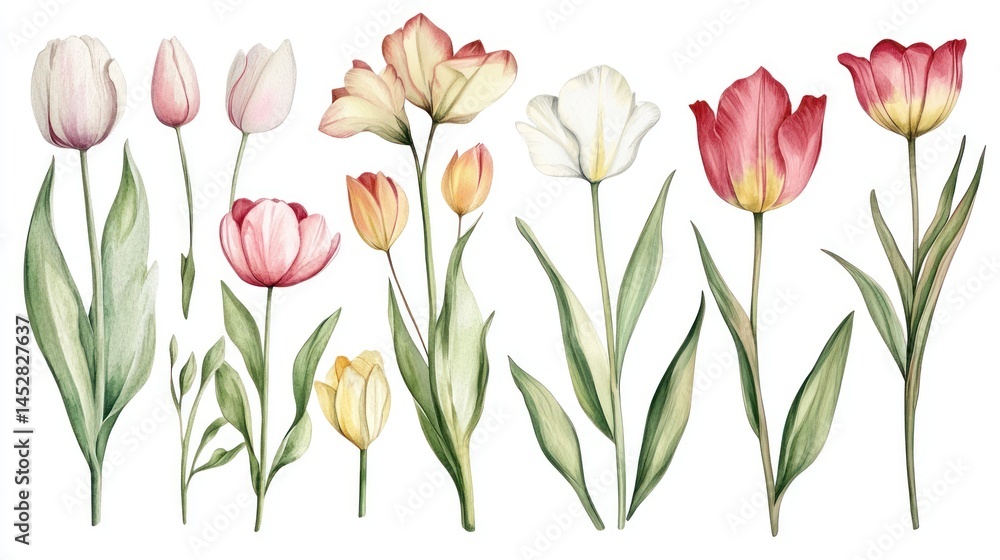 Obraz premium Watercolor Tulips Collection: A Delightful Spring Bouquet