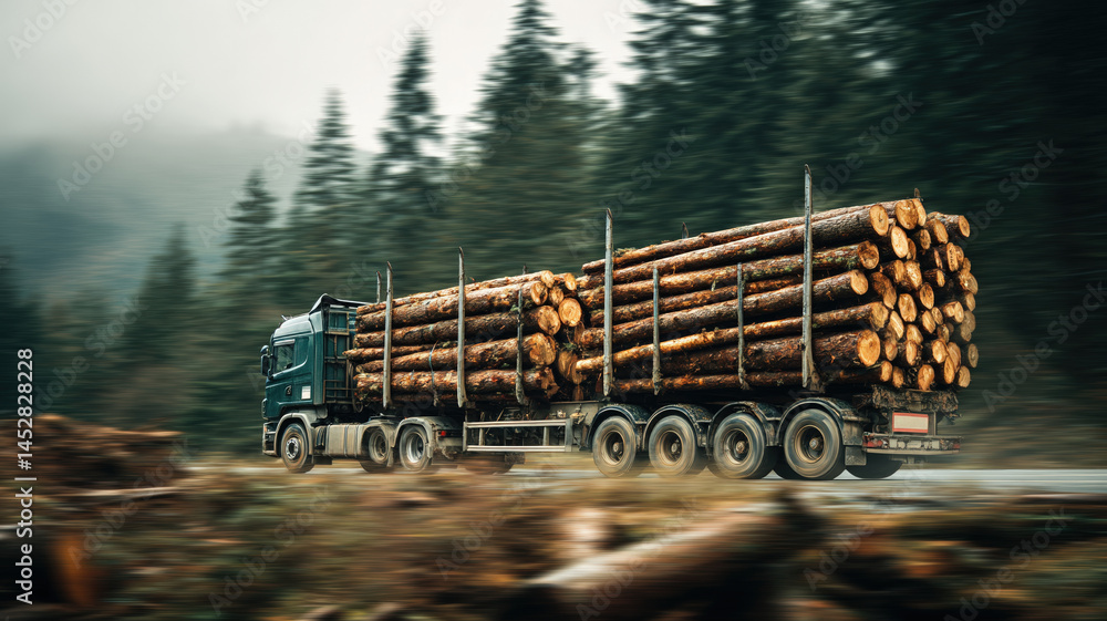 Speeding logging truck hauling timber on rural road with blurred forest background and overcast sky